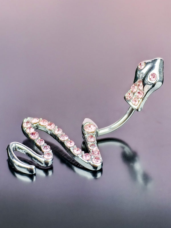 Piercing Kolczyk do Pępka Kobra Wąż z Różowymi Cyrkoniami Srebrny