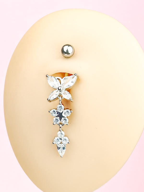 Piercing Long belly button ring, butterfly with zircons