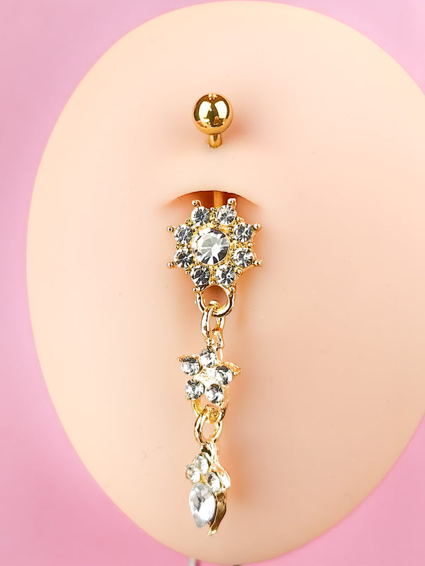 Long Piercing Long Navel Ring, Flower with Pendant