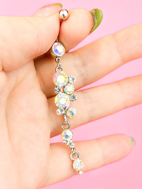 Piercing Long belly button ring with a pendant with rainbow zircons