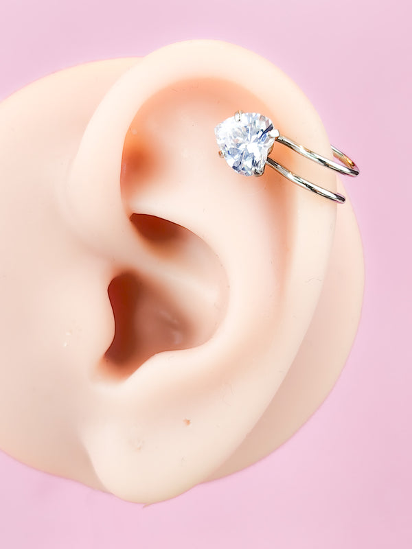 Fake Piercing Ear Stud Ear Cuff with Zirconia in the Shape of a Heart