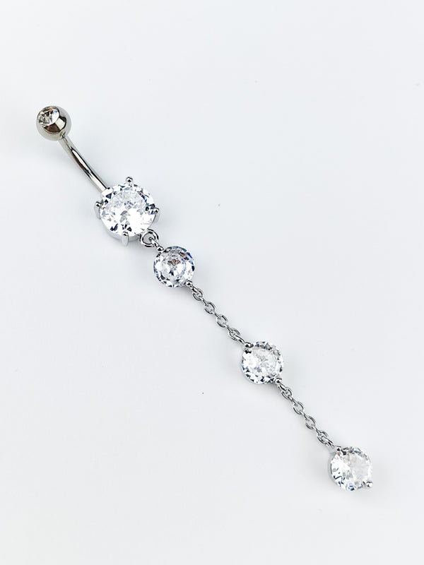 Piercing Belly Button Ring Long with Cubic Zirconia on Silver Chain